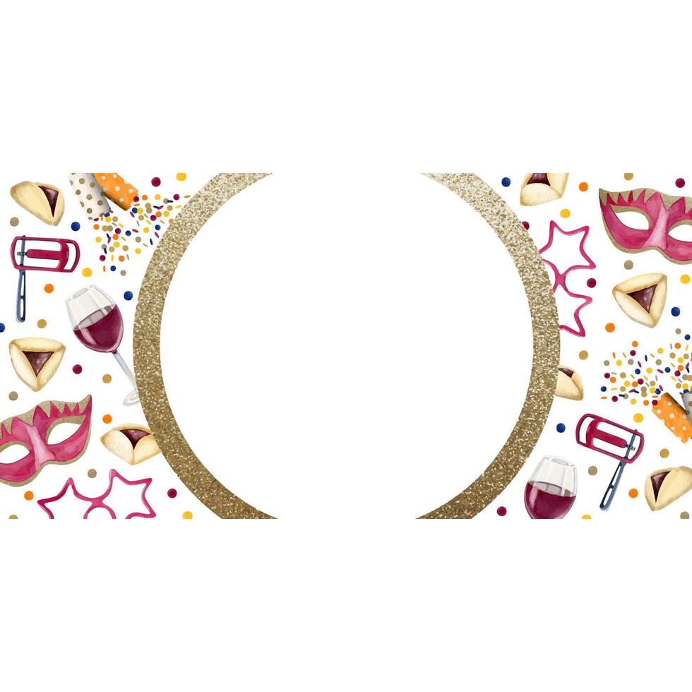 Watercolor horizontal banner template for Purim with round gold frame, confetti, masks, wine glass, raashan, crackers vector