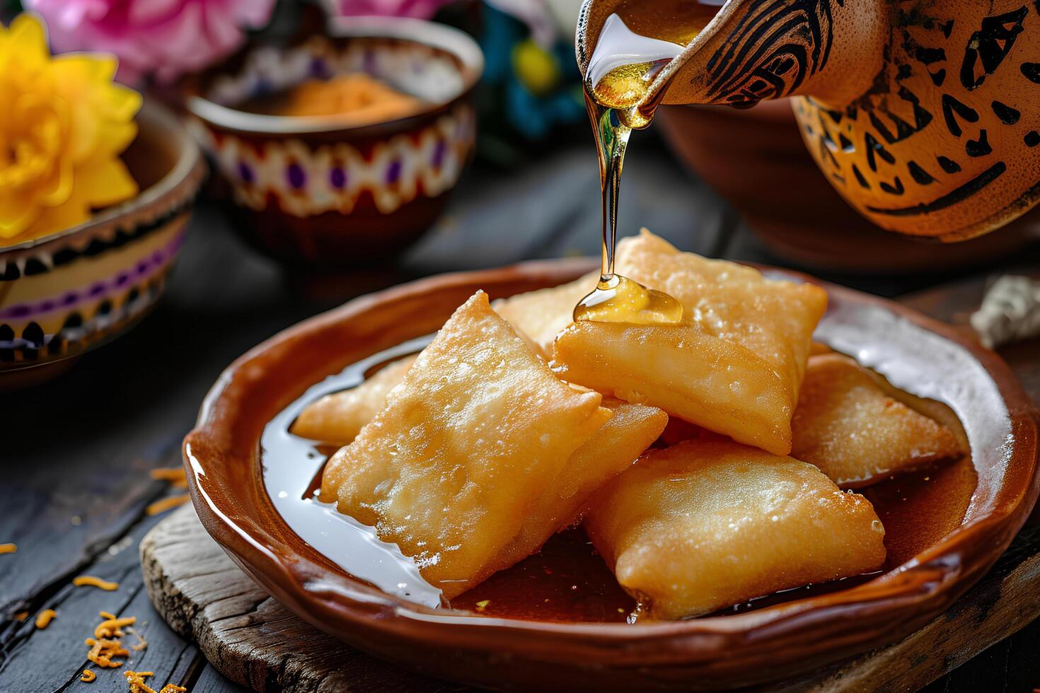 ai generado meloso deleite sopapillas con un mexicano gente giro foto