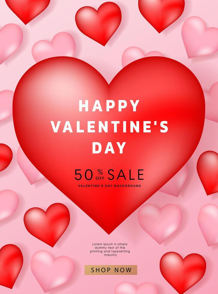 Valentine's day posters set. 3d hearts with place for text. Romantic sale banners templates, vouchers or invitation cards. Vector illustration.