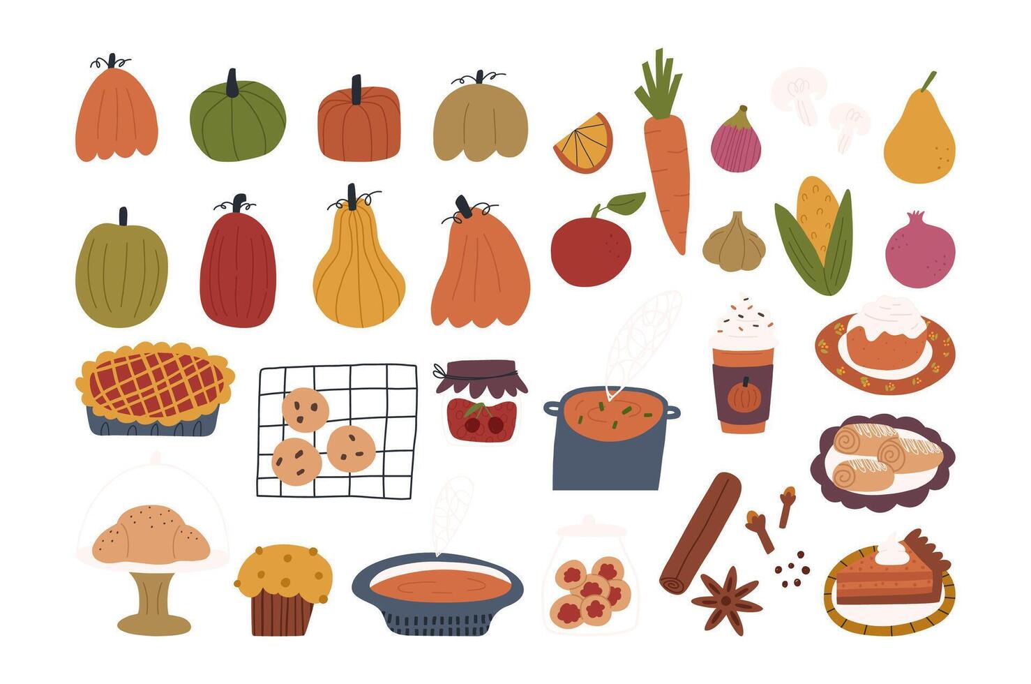 Set of various autumn foods in hand drawn flat style, isolated on white background. Thanksgiving holiday and fall harvest. Cute pumpkins, apple pie, pumpkin soup, cookies and pumpkin spice latte. vector