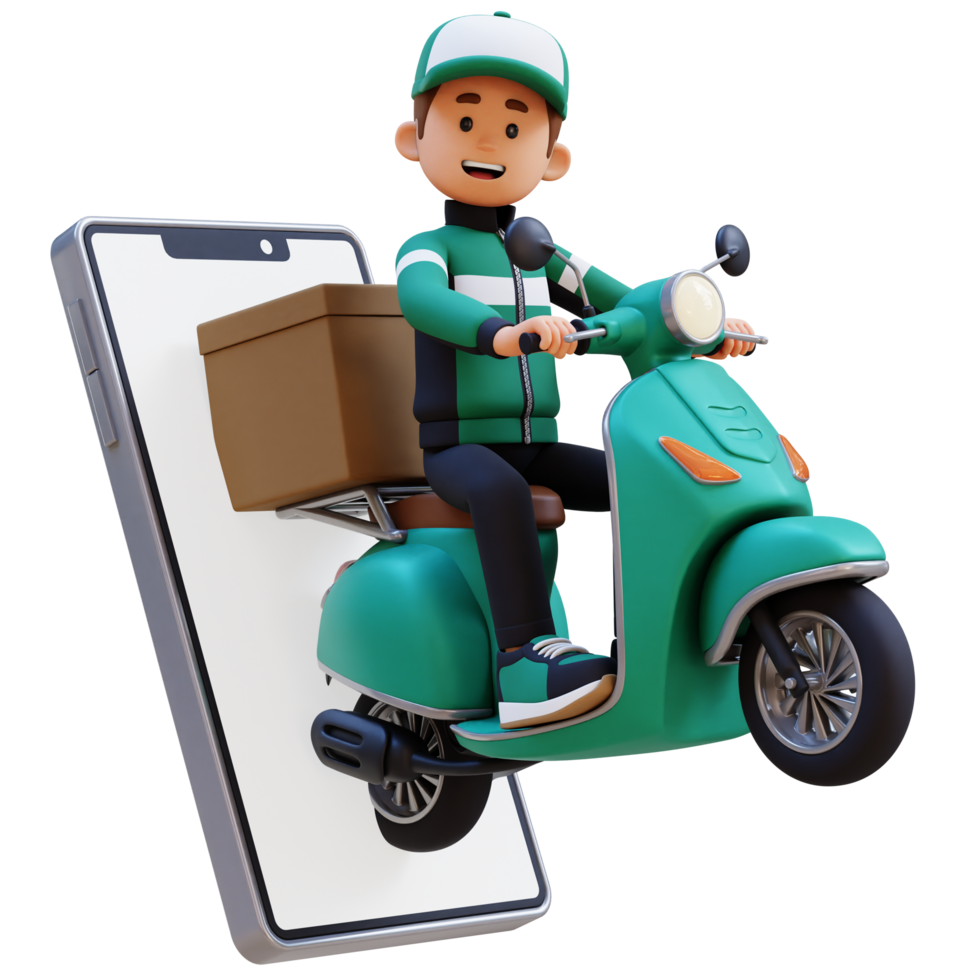 3D Delivery Man Character Deivering Package with a Scooter png