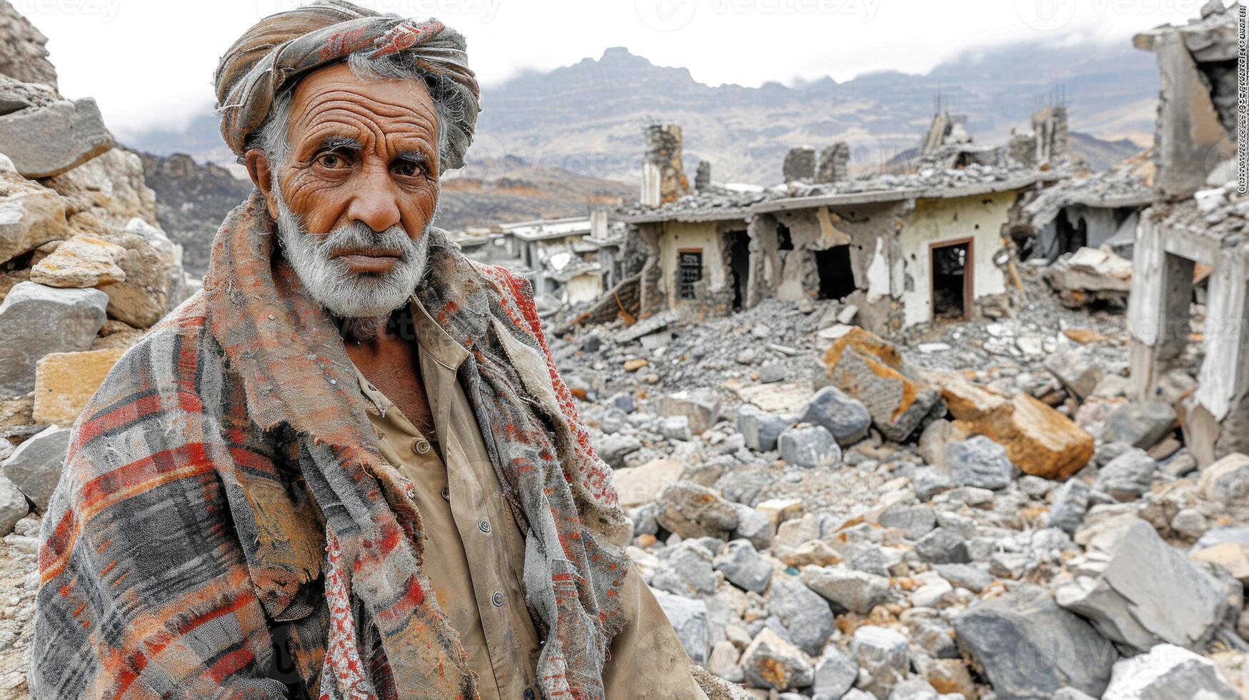 ai generado antiguo mayor árabe hombre en arruinado ciudad hajjah, Yemen. foto