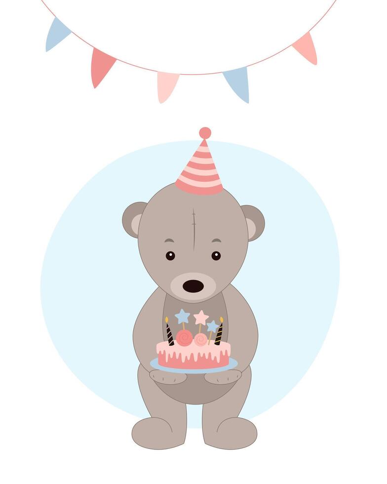un linda osito de peluche oso sostiene un cumpleaños pastel en sus patas vector ilustración en un blanco antecedentes.