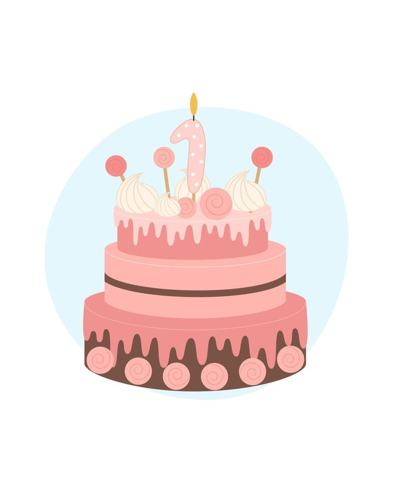 cumpleaños pastel para un niña decorado con un vela en el forma de el número uno. vector ilustración en un blanco antecedentes.