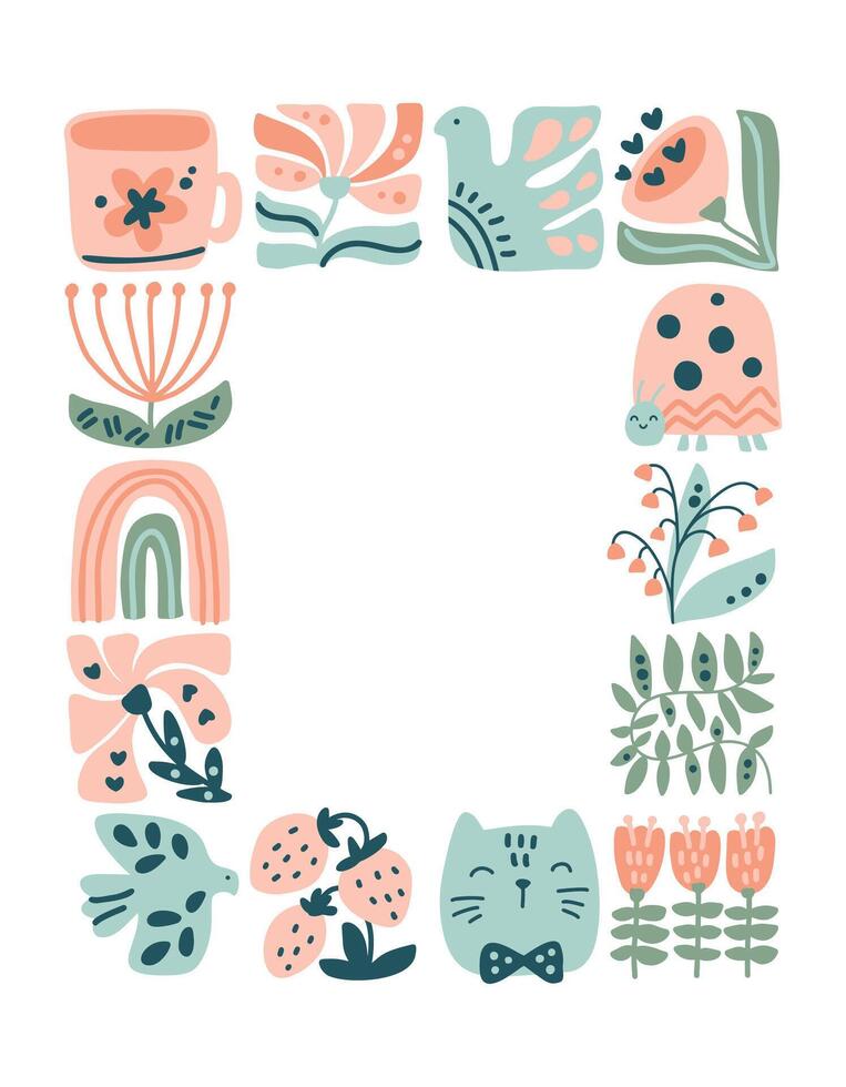 Vector spring ethnic logo composition pattern frame tile mosaic of bird, flower, leaf, strawberry and branch. Cute boho illustration in hand drawn constructor for scandinavian greeting card