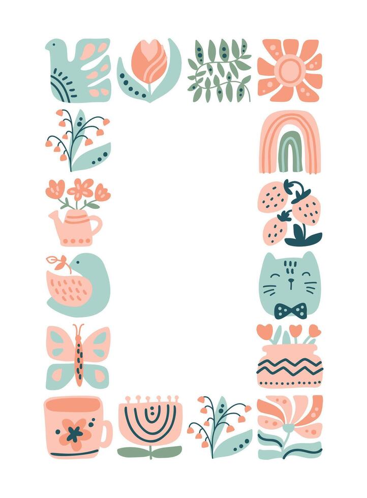 vector primavera étnico logo composición modelo marco loseta mosaico de pájaro, flor, hoja, fresa y rama. linda boho ilustración en mano dibujado constructor para escandinavo saludo tarjeta