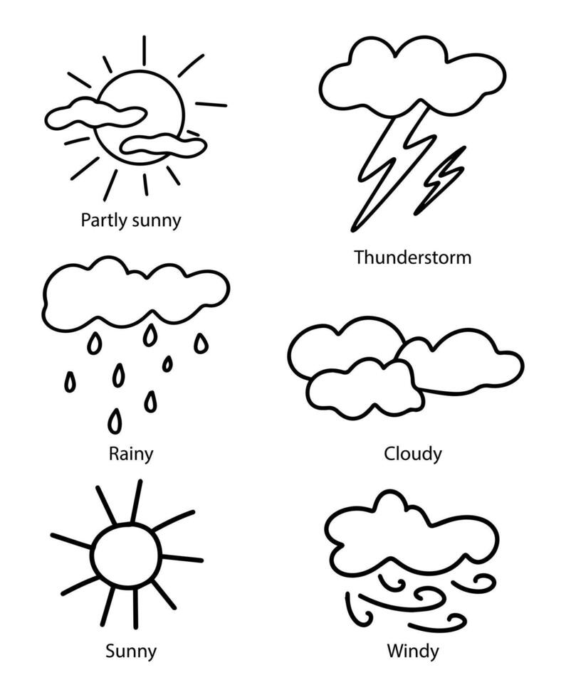 Set of icons for the weather forecast in the doodle style. Simple hand-drawn weather icons. Black and white doodles of sunny, rainy, foggy, cloudy, windy weather and thunderstorms vector