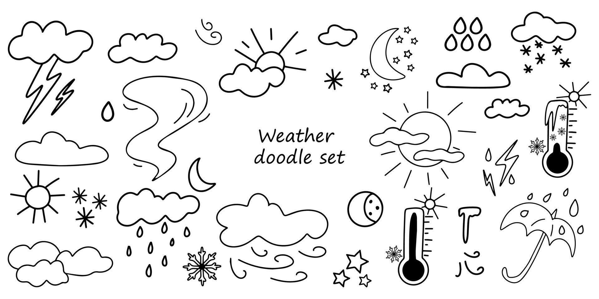 Set of icons for the weather forecast in the doodle style. Simple hand-drawn weather icons. Black and white doodles of sunny, rainy, foggy, cloudy, windy weather and thunderstorms vector