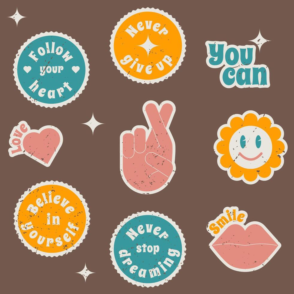 A set of round stickers with motivational quotes in retro style. Vector illustration.