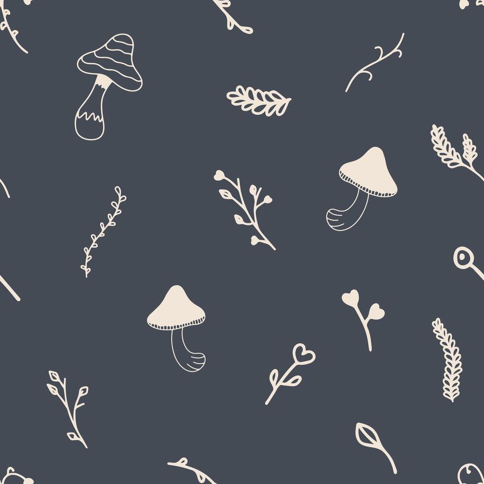 Seamless pattern with mushrooms and twigs in autumn colors. Seamless cute doodle and cartoon style pattern. Simple doodle-style floral elements on blue background for wrapping paper, wallpaper vector