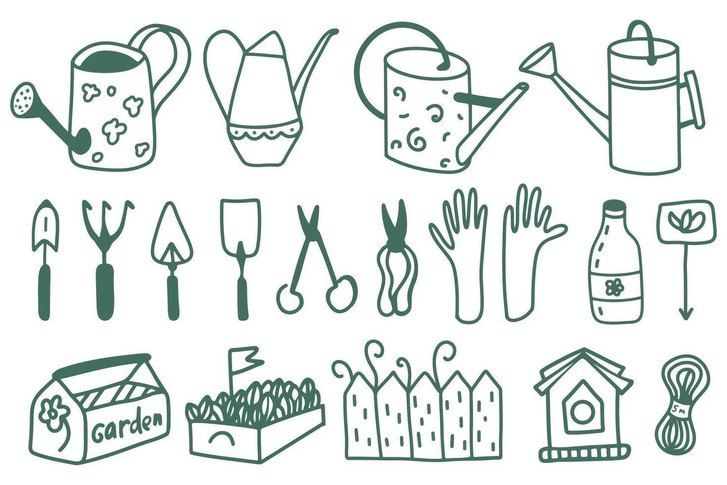 Garden set in the style of doodle and cartoon in green. Four watering cans, gardening tools and gloves, boxes for seedlings, a birdhouse. Cute set of gardener icons vector