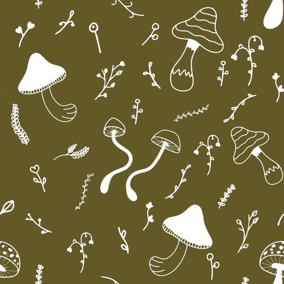 Seamless pattern with mushrooms and twigs in autumn colors. Seamless cute doodle and cartoon style pattern. Simple doodle-style floral elements on green background for wrapping paper, wallpaper vector