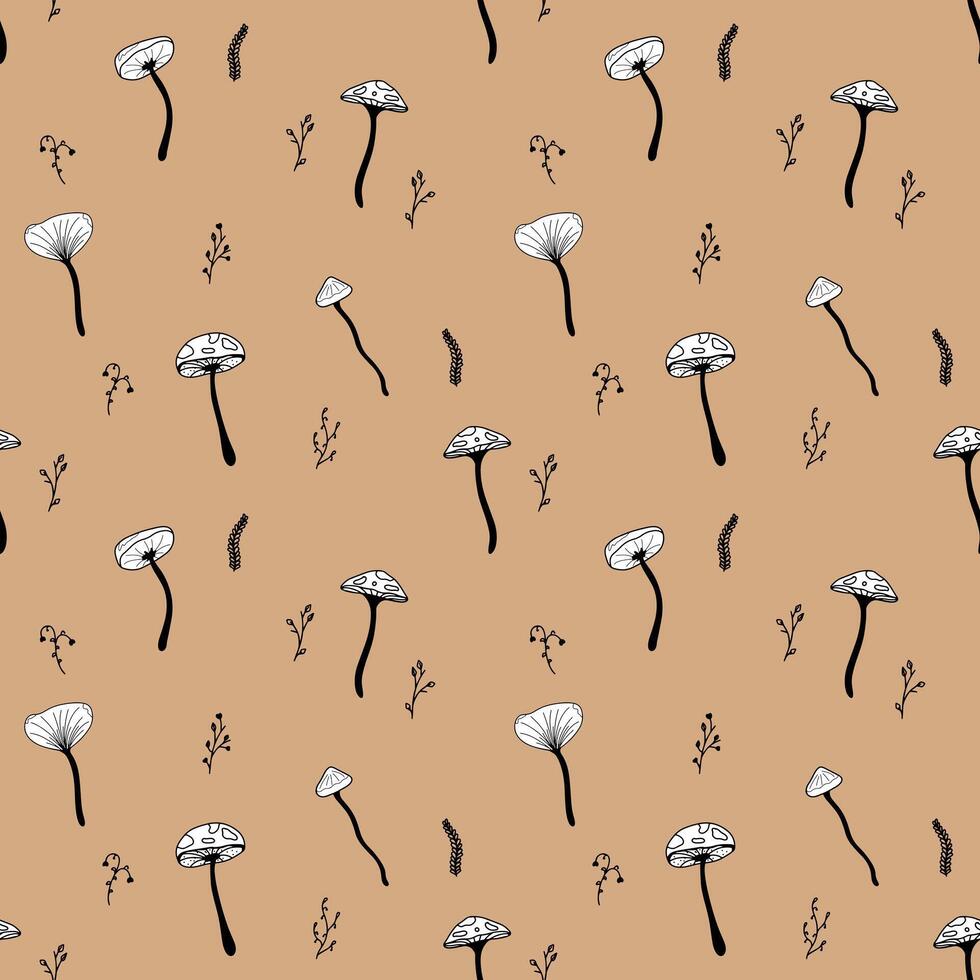 Seamless pattern with mushrooms and twigs in autumn colors. Seamless cute doodle and cartoon style drawing. Simple doodle-style floral elements on beige background for Wrapping Paper, wallpaper vector