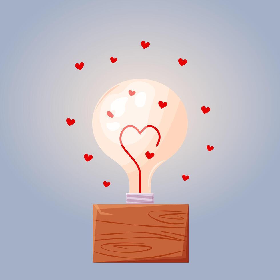 Love glowing lamp on wooden stand with backlight in the form of hearts on blue background. Lamp for Valentine's day or for wedding. Cute casual lamp for postcards, banners, printing vector