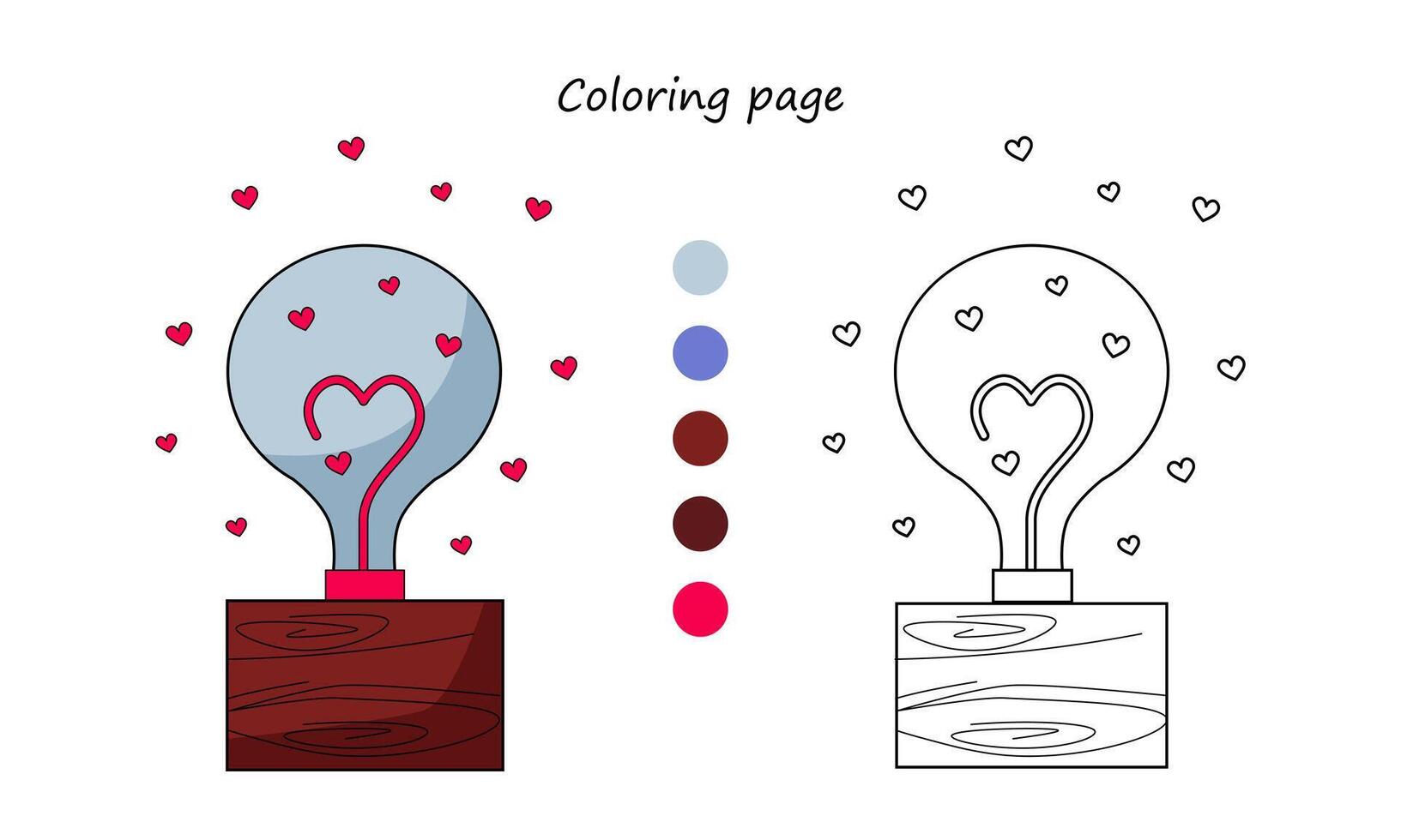The black outline of the illustration on white background with color palette for coloring. Coloring book. Love lamp on wooden stand with heart-shaped backlight. vector