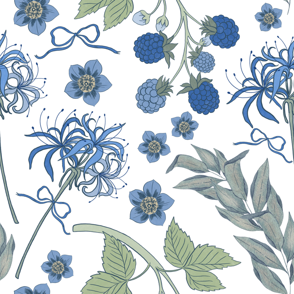 Chinoiserie inspired. Vintage floral illustration. Blue and white oriental eastern asian seamless pattern png