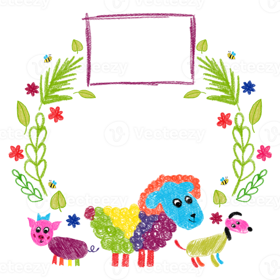 Frame of hand-drawn children's animals with flowers and grass. Sheep, pig, dog. Kid's drawings using pencil technique. Isolated images. For birthday design, party card, text png