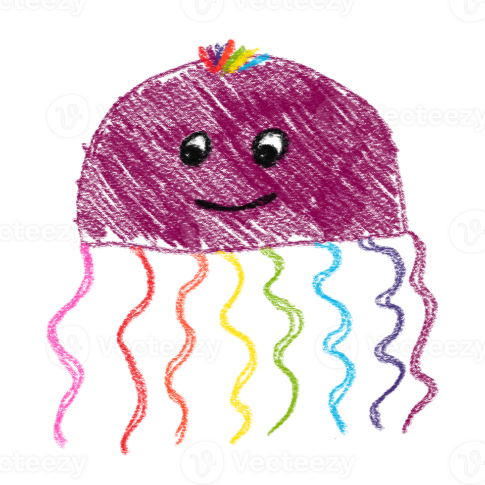 Hand-drawn simple colorful jellyfish. Kid's drawings using pencil technique. Isolated images. For design and card png