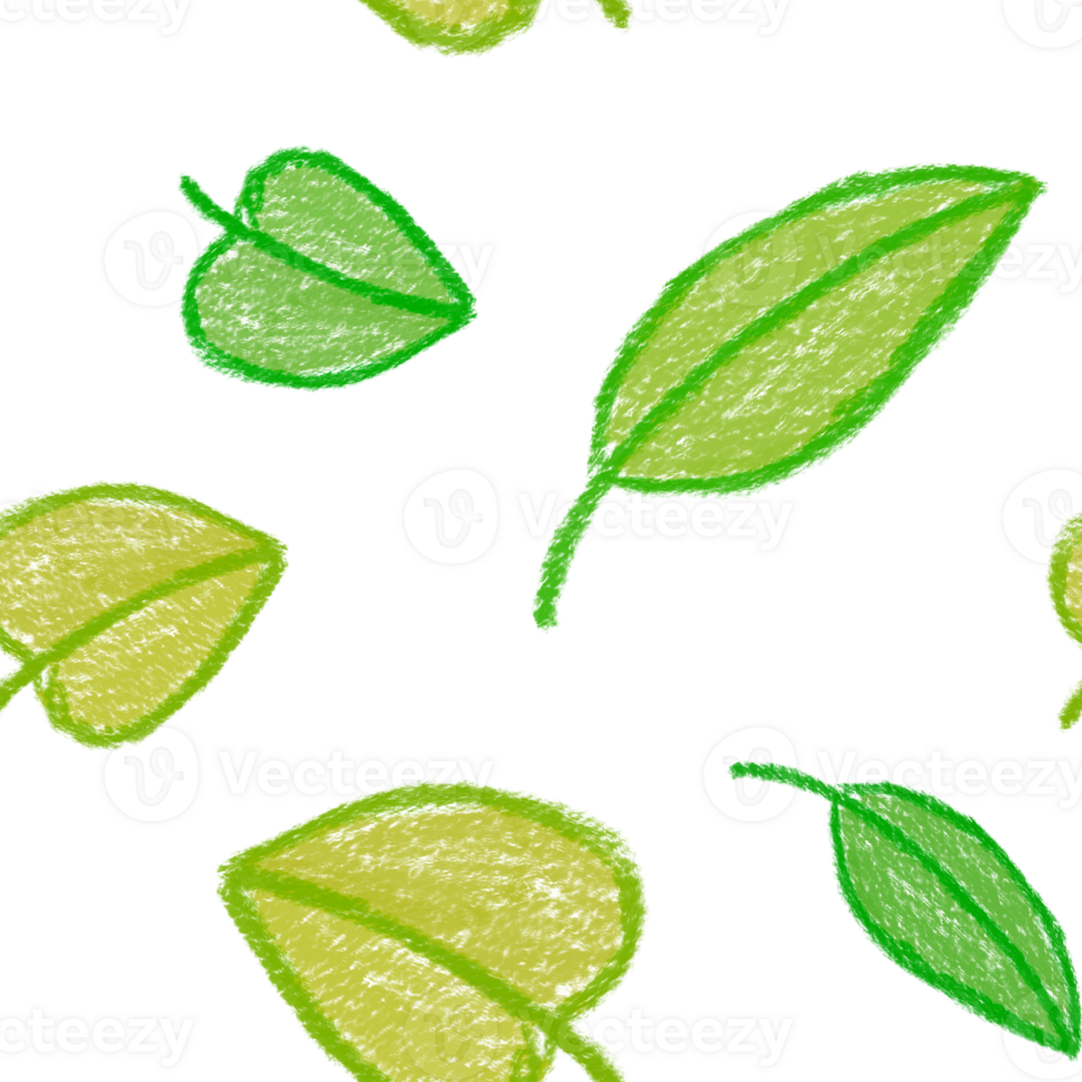 Seamless pattern with hand-drawn children's leaves. Green and yellow leaf. Kid's drawings using pencil technique. Isolated. For textile and scrapbooking. png