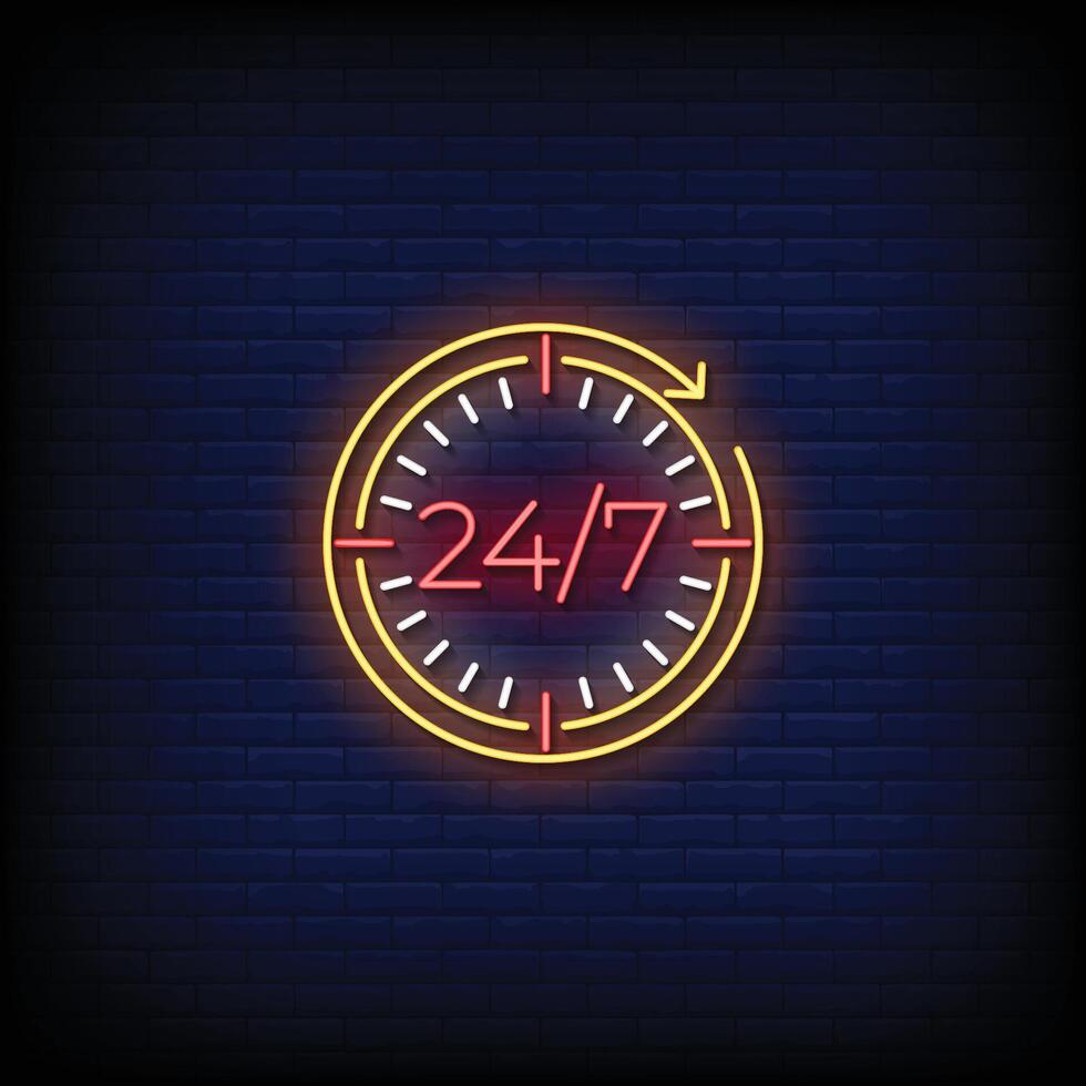 Neon Sign 24 hours with brick wall background vector