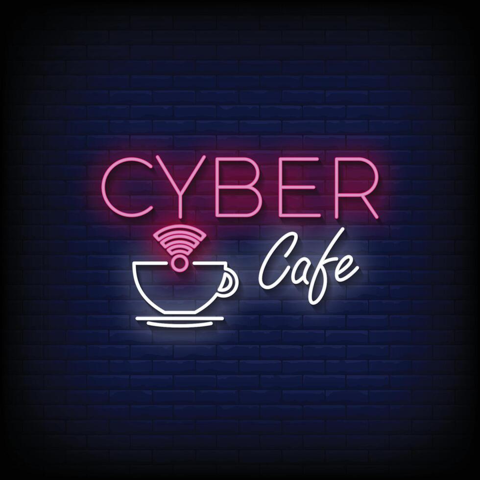 Neon Sign cyber cafe with brick wall background vector