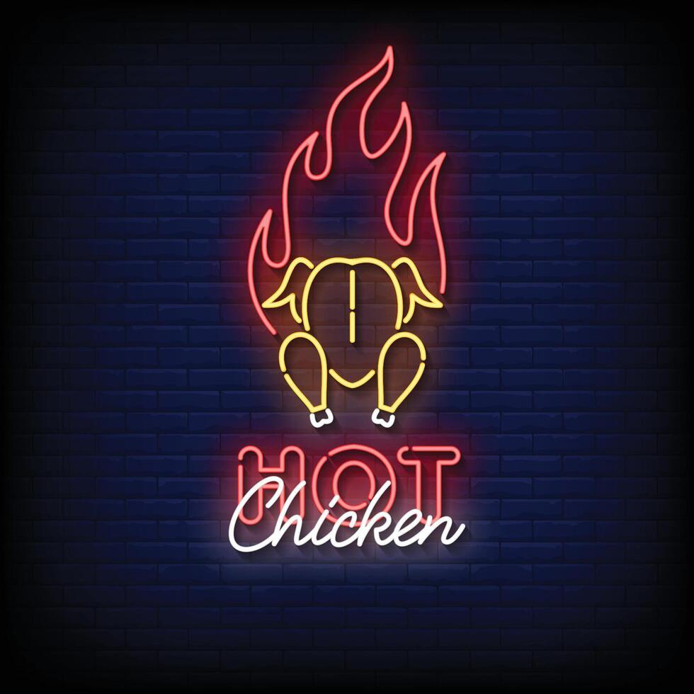 Neon Sign hot chicken with brick wall background vector
