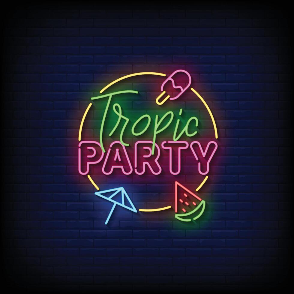 Neon Sign tropic party with brick wall background vector