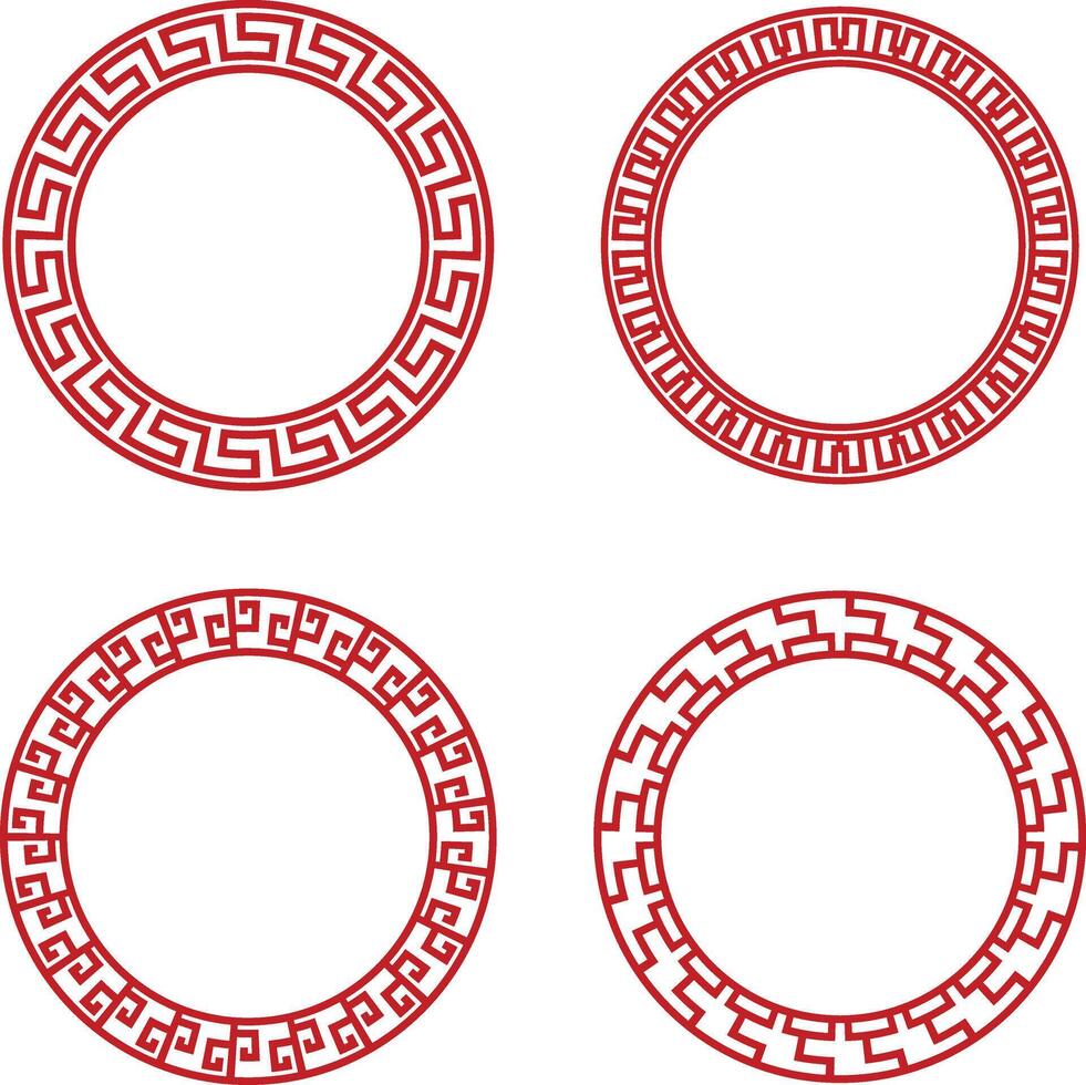 Chinese Circle Frame Elements. Isolated On White Background. Vector Illustration Set