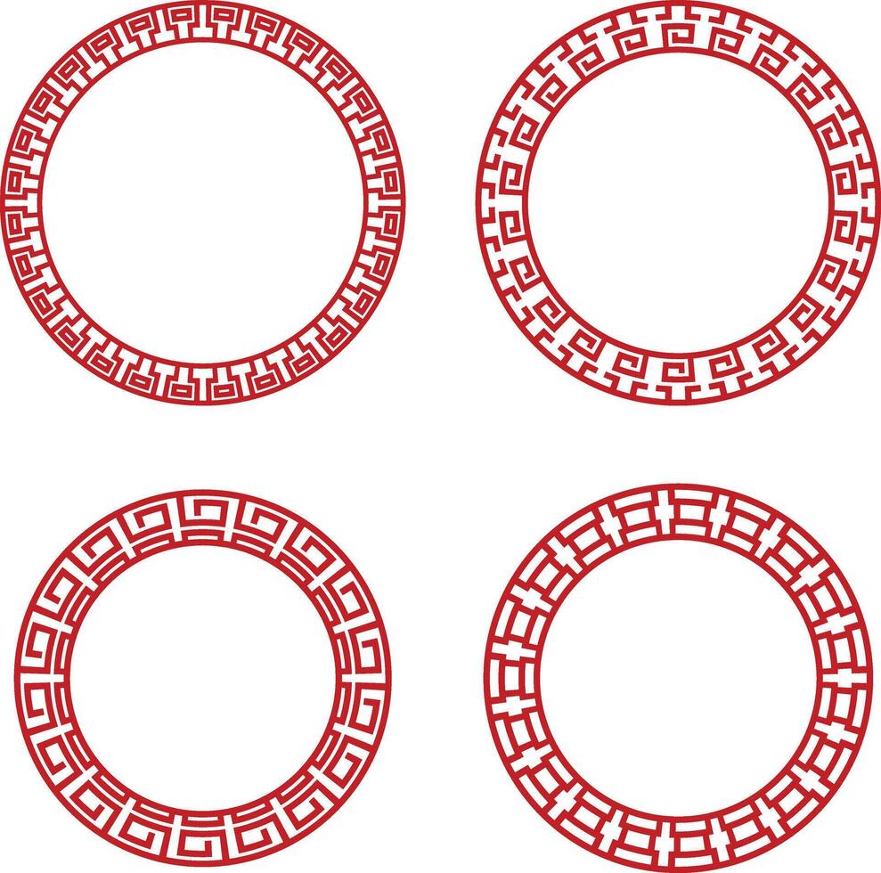 Chinese Circle Frame Elements. Isolated On White Background. Vector Illustration Set