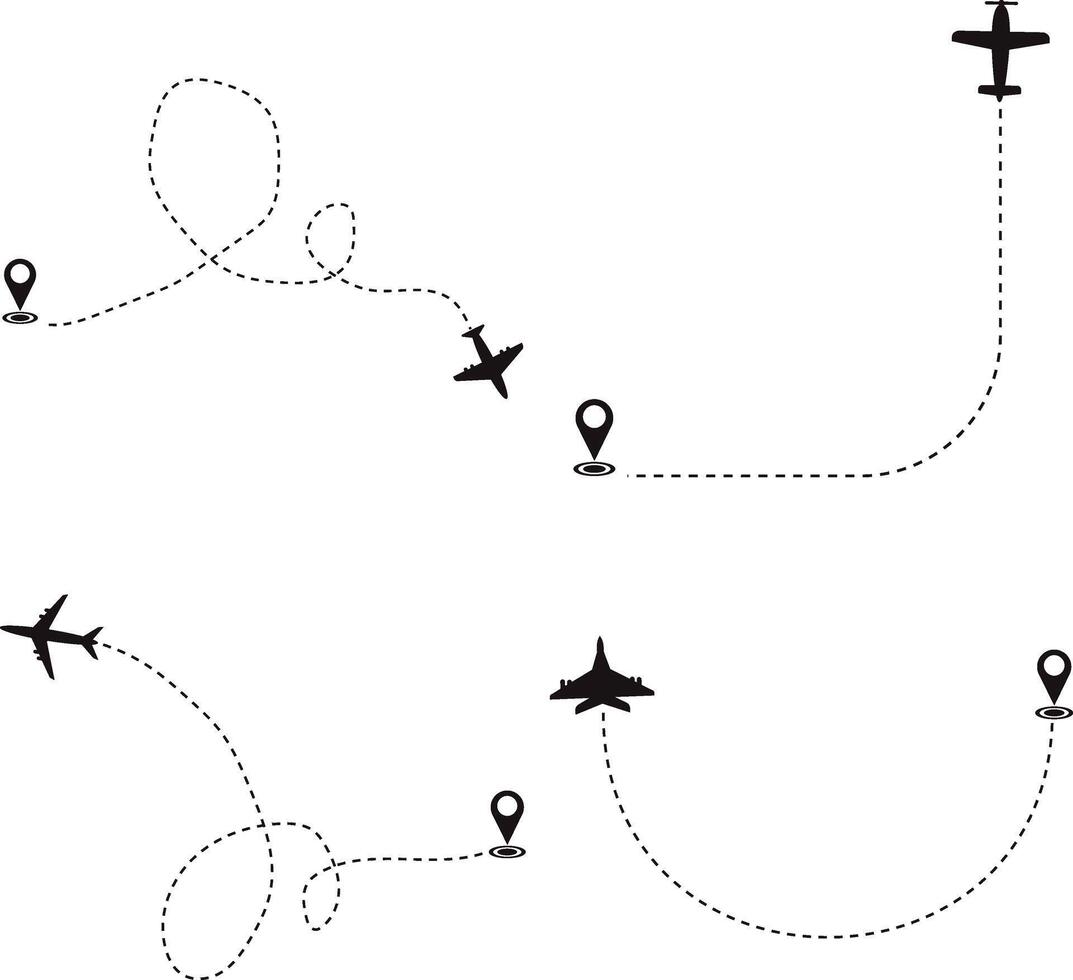 Set of Airplane Dotted. Airplane Routes. Isolated On White Background vector