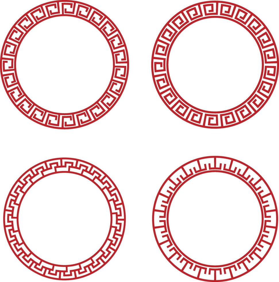 Chinese Circle Frame Elements. Isolated On White Background. Vector Illustration Set