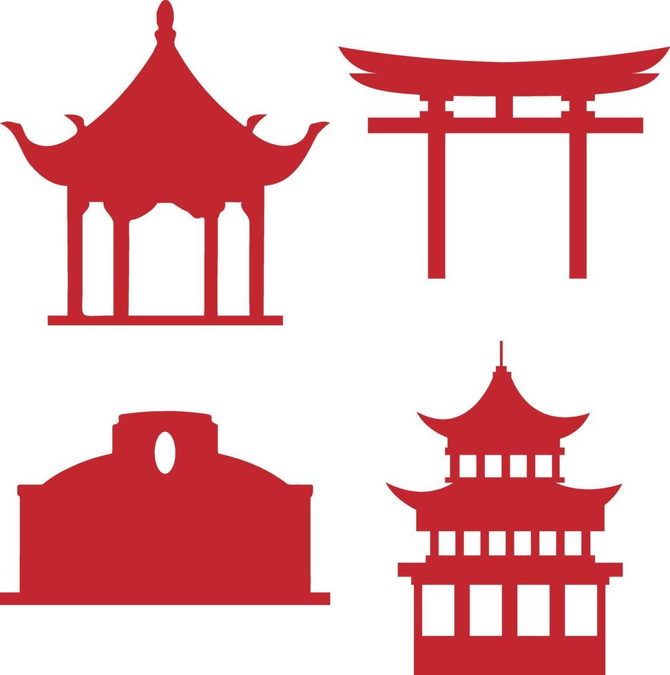 Set of Traditional Chinese Building. Chinese Temple. Vector Illustration