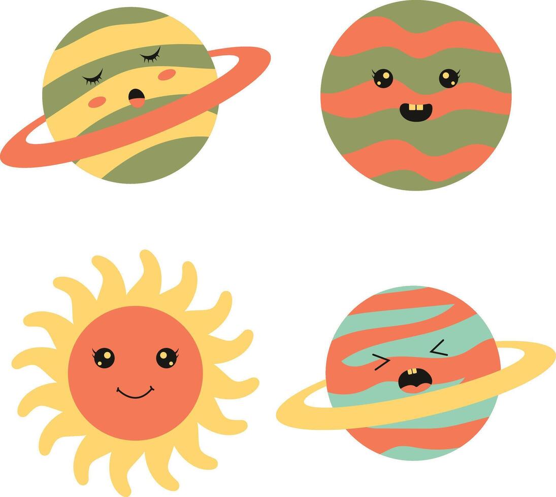 Cute Planet Character. Flat Cartoon Design. Vector Icon Set