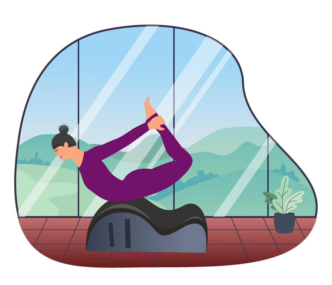 Woman doing Pilates with equipment. Equipment  - back corrector for Pilates. The background is high windows, outside the window there is nature, mountains, trees, blue sky. Atmospheric. Vector