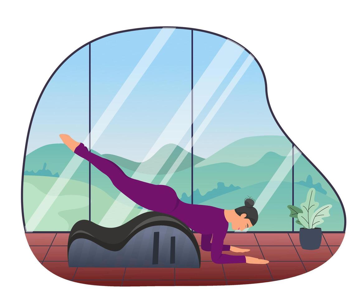 mujer haciendo pilates con equipo. equipo - espalda corrector para pilates el antecedentes es alto ventanas, fuera de el ventana allí es naturaleza, montañas, árboles, azul cielo. atmosférico. vector