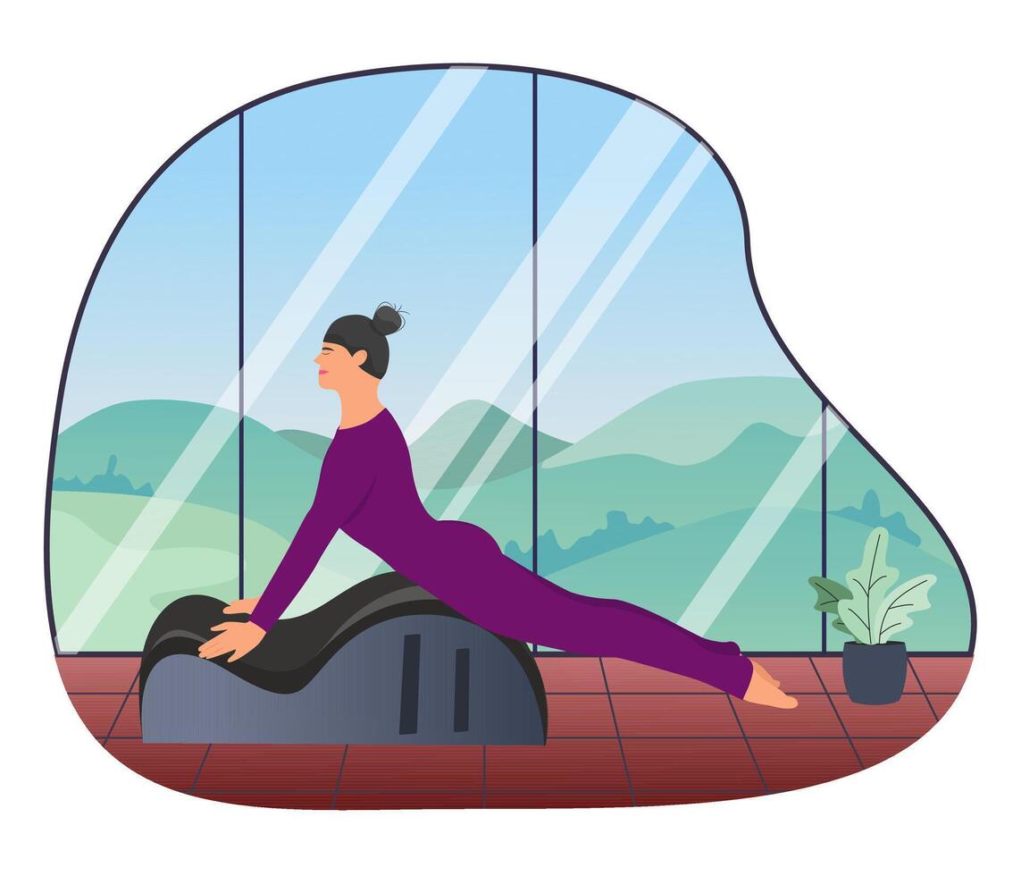 mujer haciendo pilates con equipo. equipo - espalda corrector para pilates el antecedentes es alto ventanas, fuera de el ventana allí es naturaleza, montañas, árboles, azul cielo. atmosférico. vector