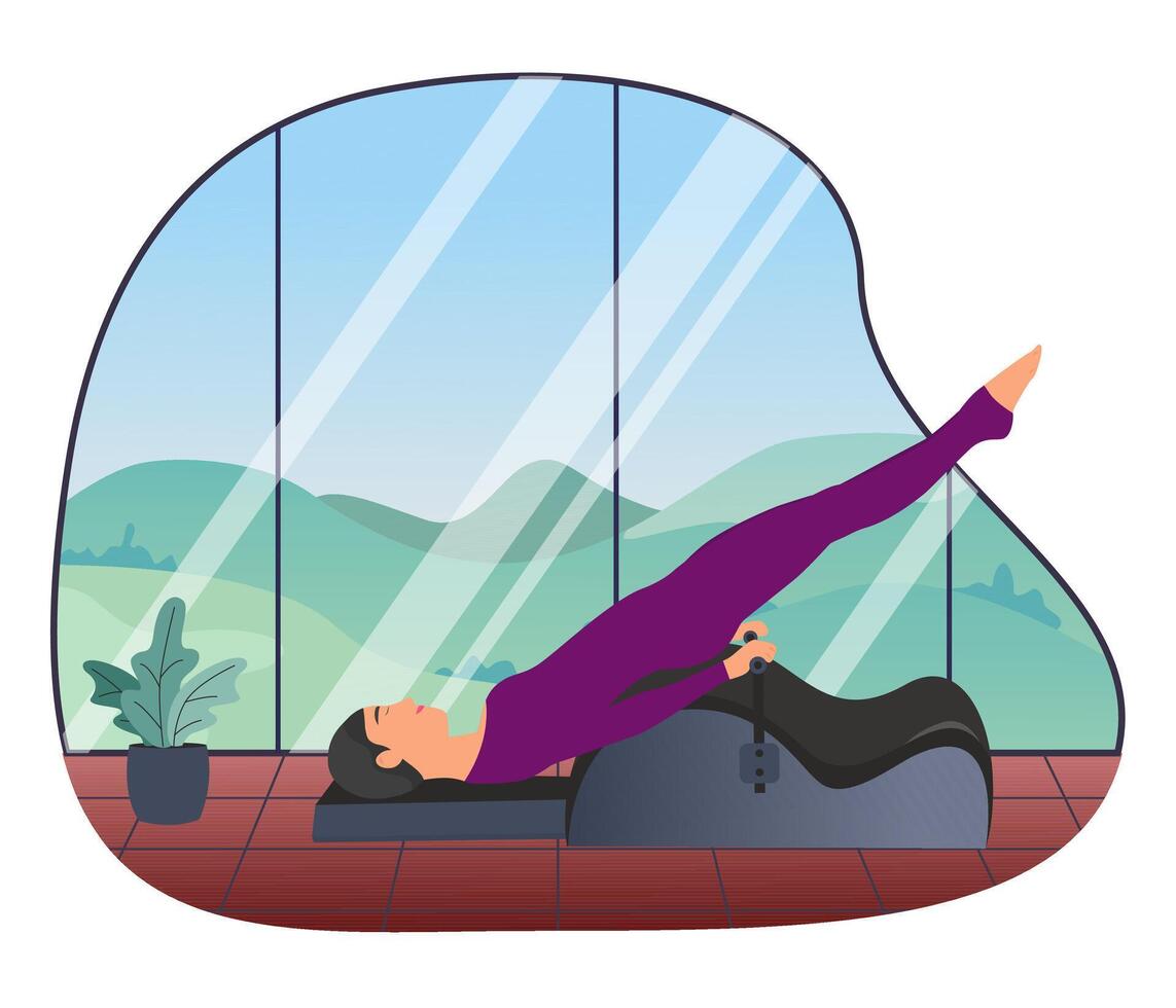 mujer haciendo pilates con equipo. equipo - espalda corrector para pilates el antecedentes es alto ventanas, fuera de el ventana allí es naturaleza, montañas, árboles, azul cielo. atmosférico. vector