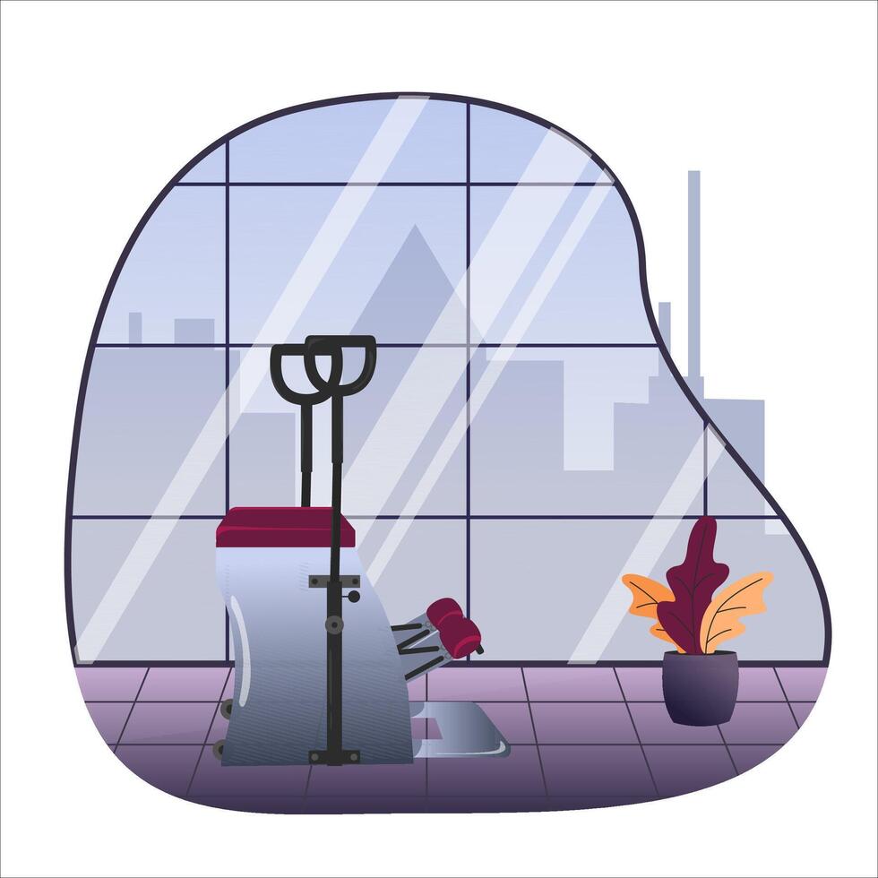 Conceptual gym. Back corrector for Pilates. In the background there are tall windows, through which one can see the city, the metropolis. Flowerpot with flowers. Vector illustration