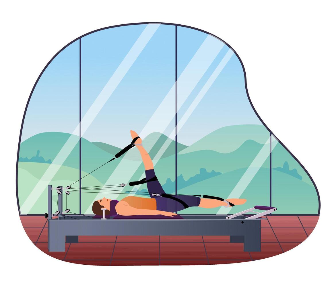 A woman performs exercises on a Pilates reformer. Background - high windows, outside the window there is nature, mountains, trees, blue sky. Atmospheric. Vector illustration