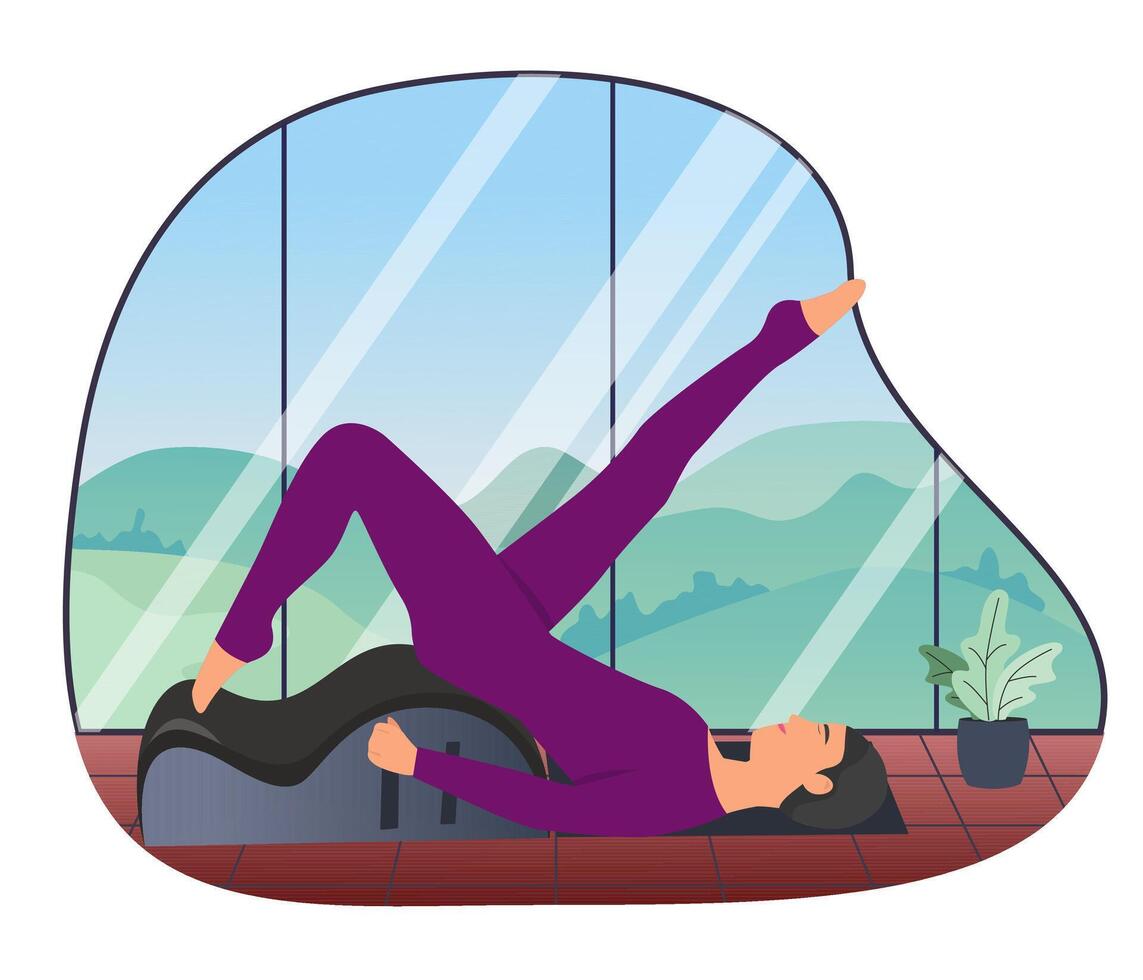 Woman doing Pilates with equipment. Equipment  - back corrector for Pilates. The background is high windows, outside the window there is nature, mountains, trees, blue sky. Atmospheric. Vector