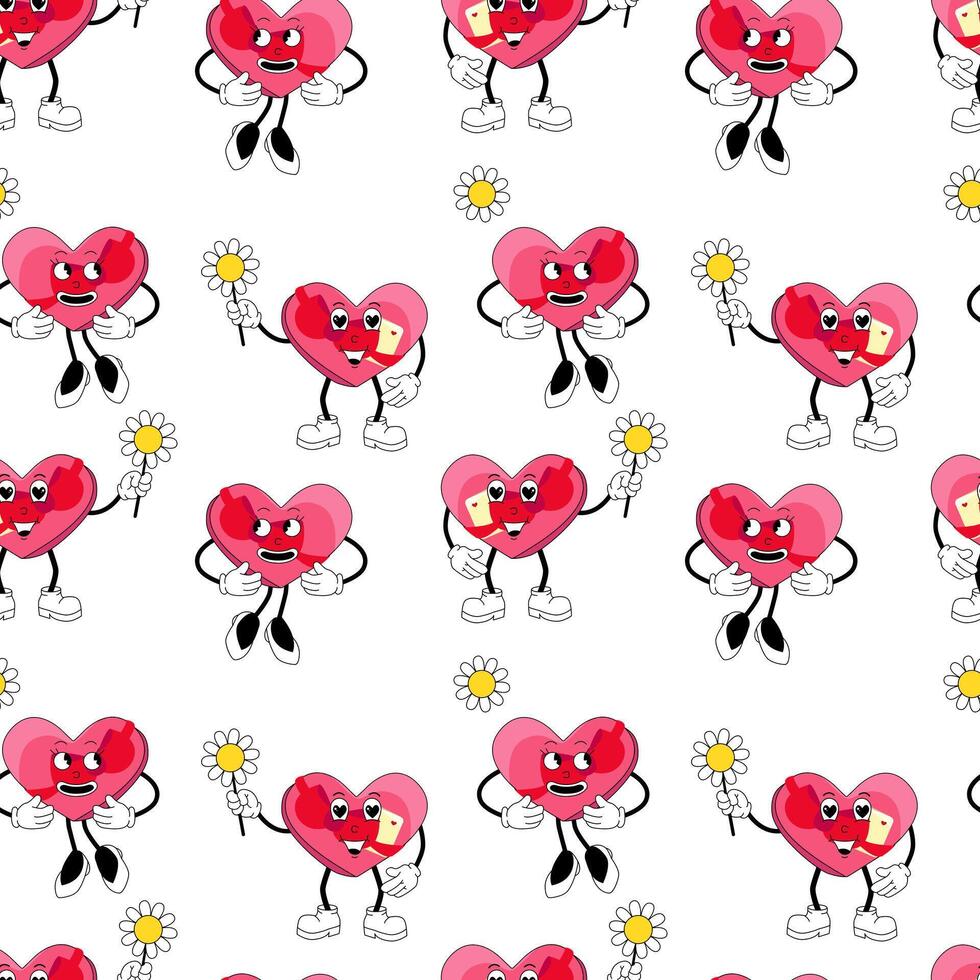 de moda retro dibujos animados corazón caracteres. amor corazones caracteres. maravilloso estilo, antiguo, 70-60 estética. San Valentín día, que cae en amor. vector ilustración