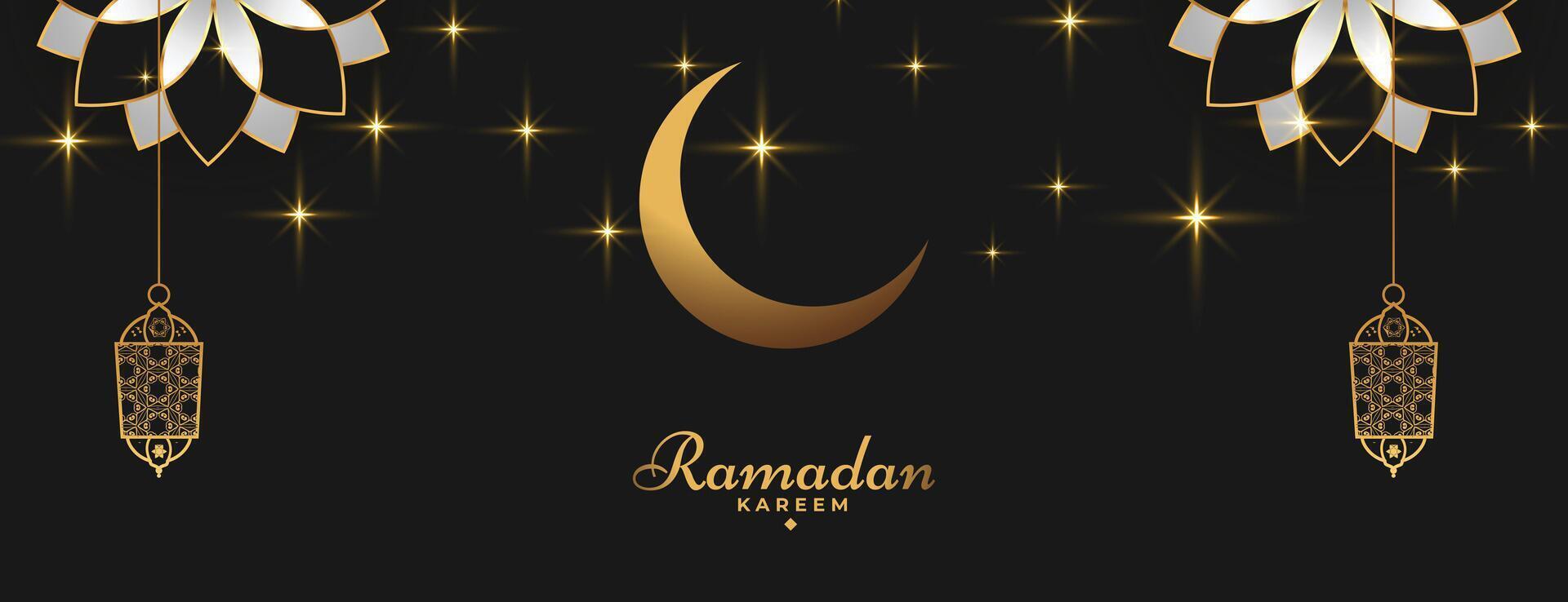 Ramadán kareem islámico bandera en dorado negro color vector