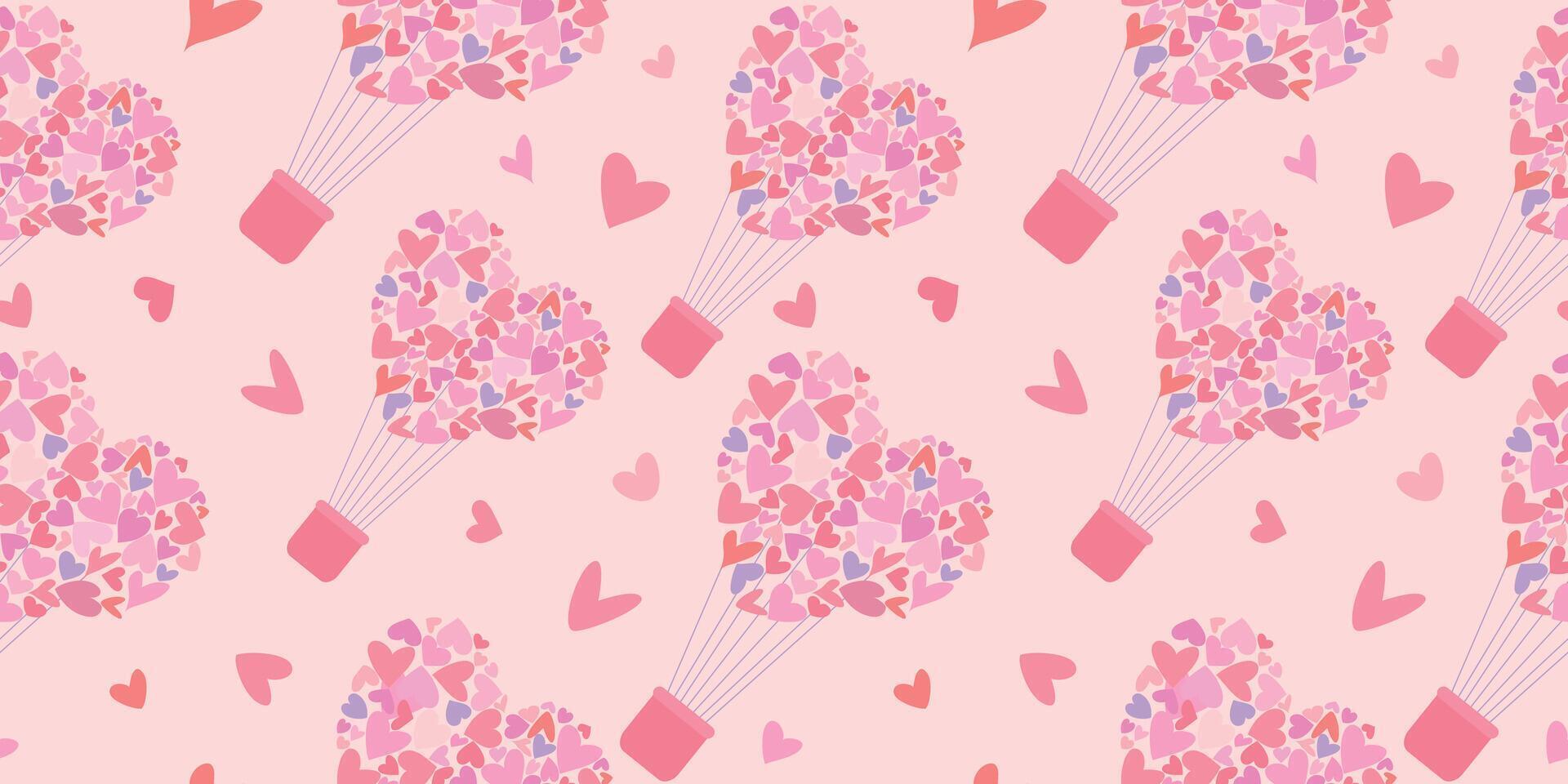 Seamless pattern of flying balloons with hearts. Background for printing on textiles and paper. Gift wrapping for Valentine's Day. Vector illustration.