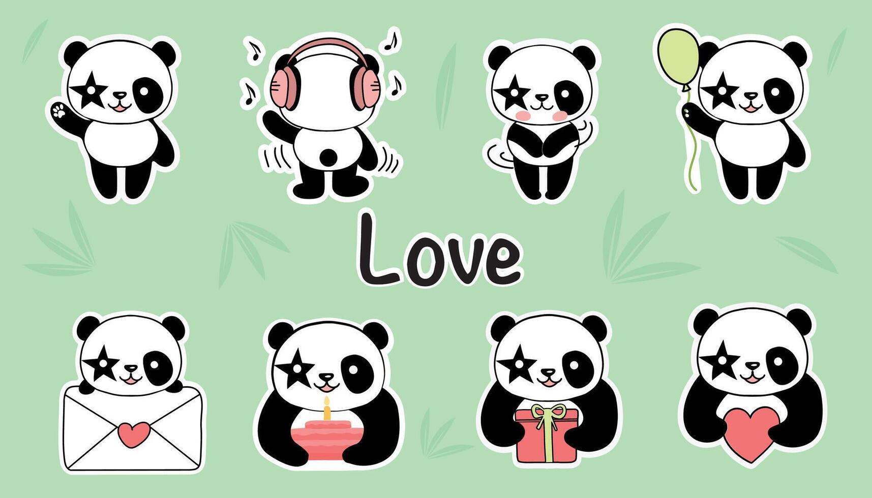 linda panda pegatinas para enamorado s día. el concepto de amor. ilustración en un verde antecedentes. vector