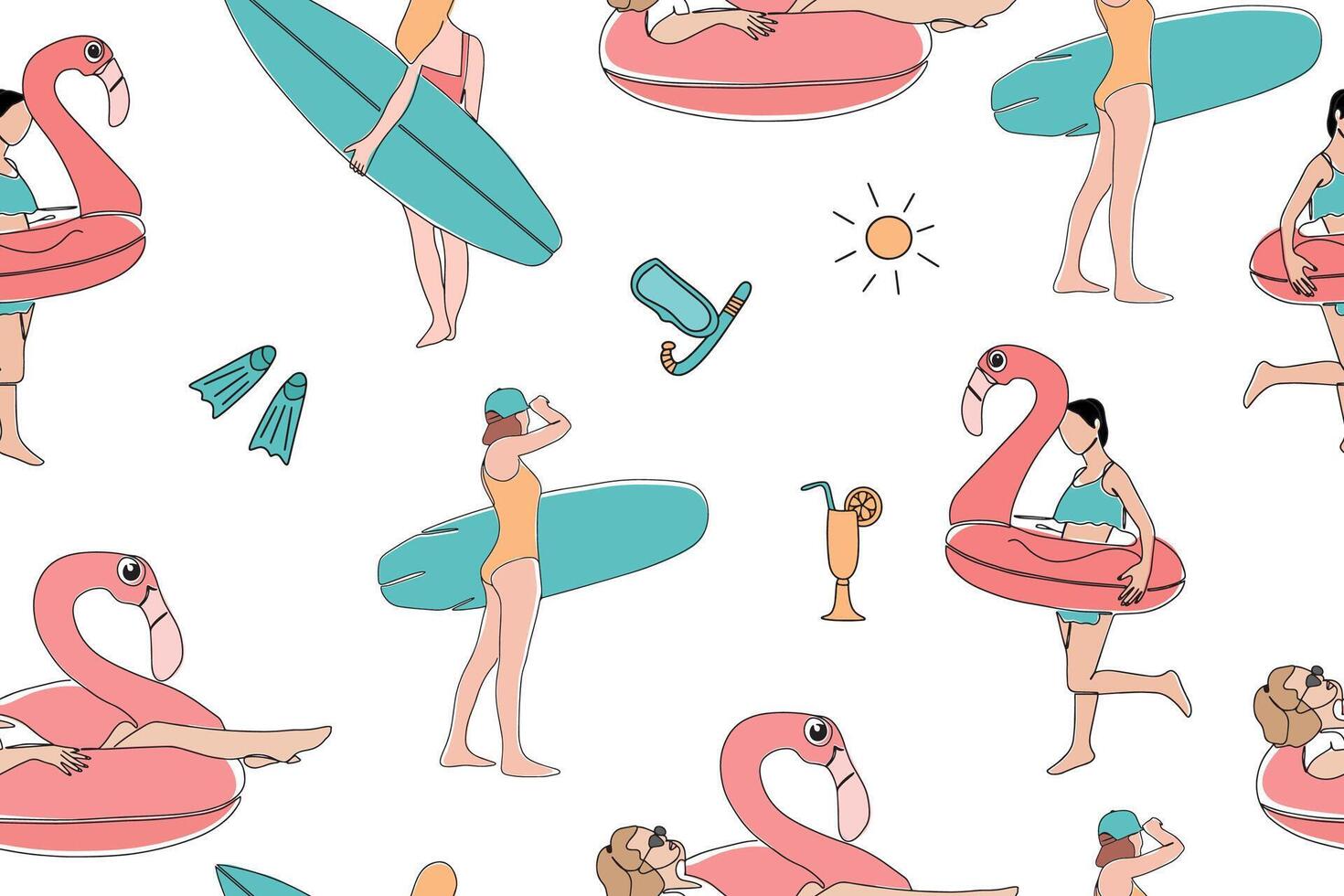 sin costura verano modelo. muchachas con tablas de surf y un inflable anillo en el forma de un rosado flamenco. verano fiesta. vector ilustración.