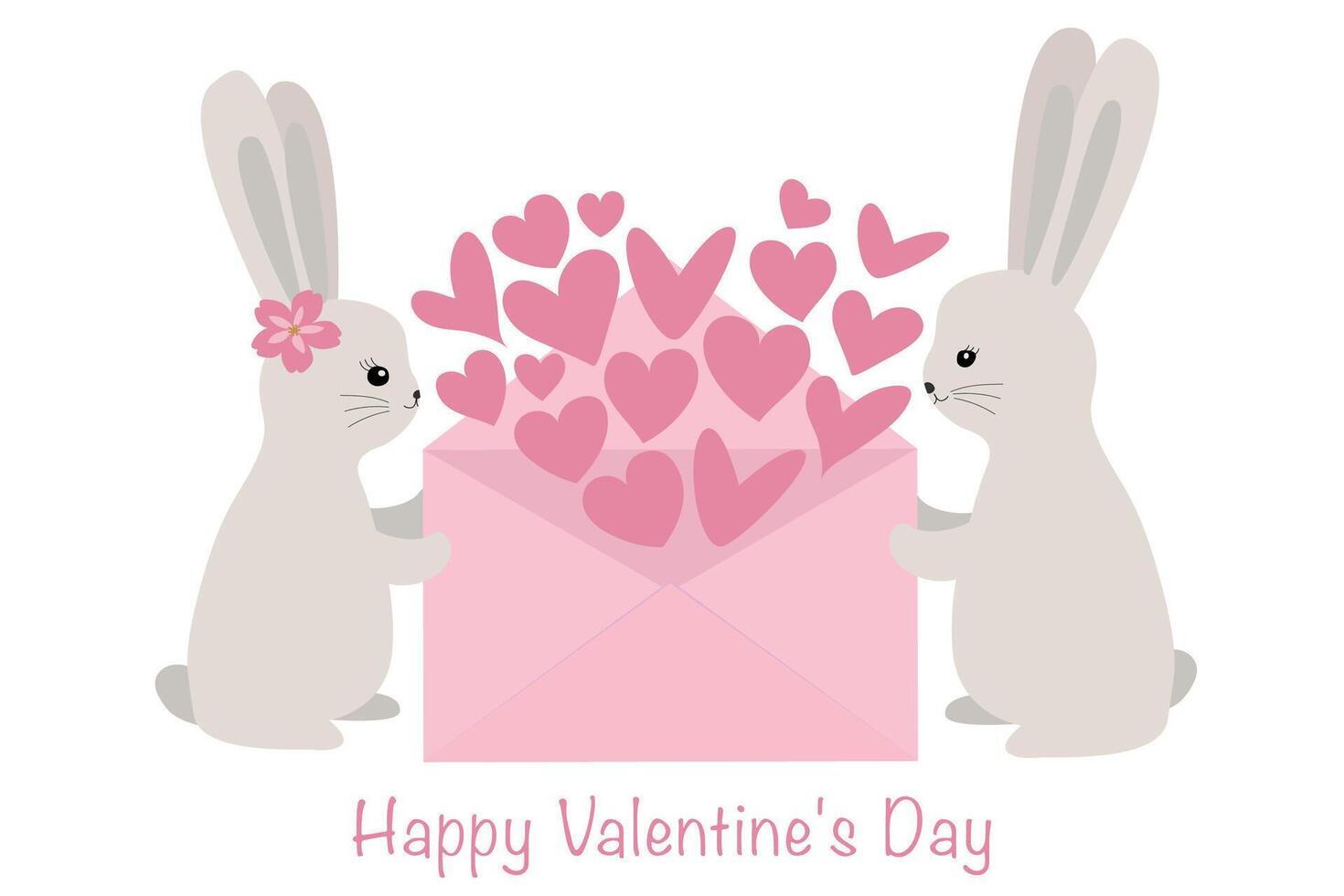 Cute rabbits are holding an envelope with hearts. Love concept. Vector illustration isolated on white background