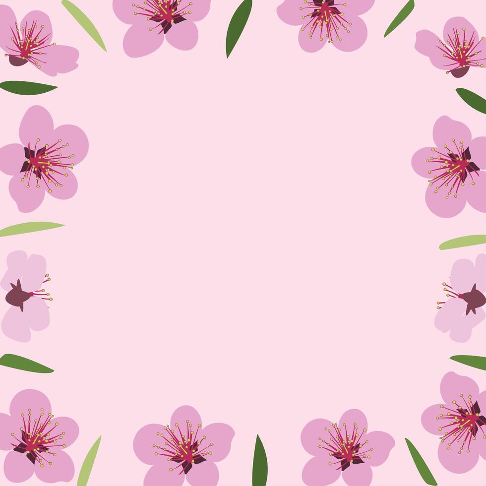 Seamless pattern of blooming pink flowers and green leaves. Vector illustration.