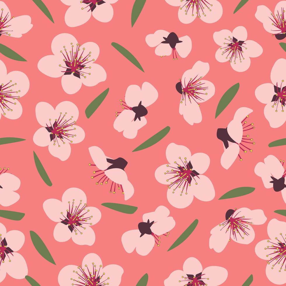 Seamless pattern of blooming pink flowers and green leaves. Vector illustration.