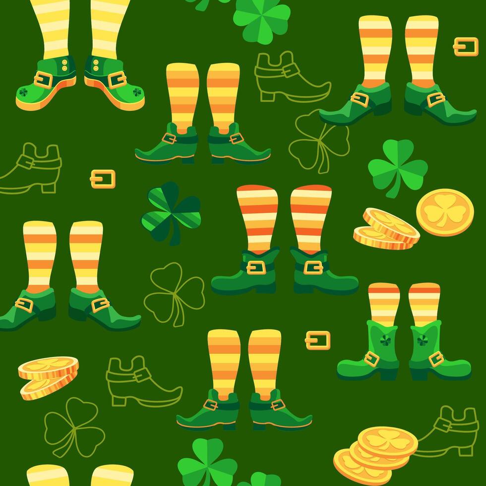 Saint Patrick's Day seamless pattern. Leprechaun shoes, clover, coins. Vector. vector