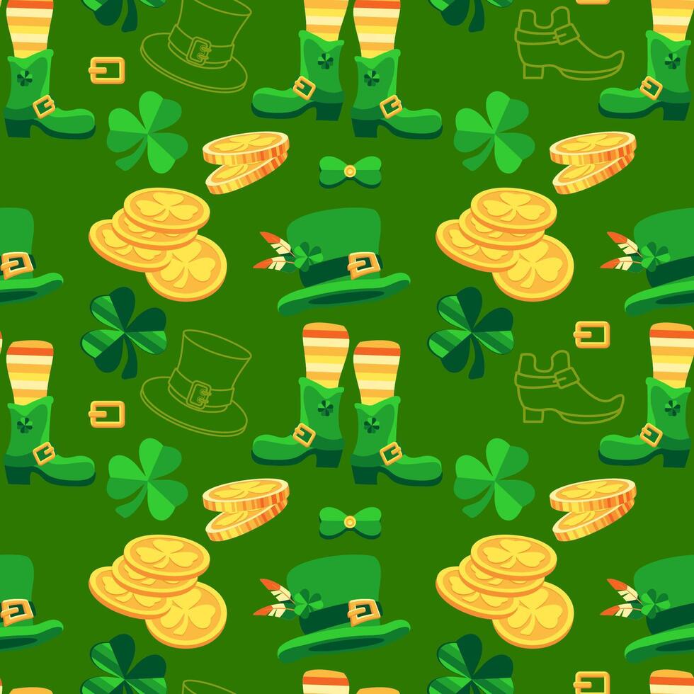 Saint Patrick's Day seamless pattern. Leprechaun hat, shoes, clover. Vector. vector